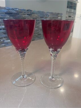 Vintage Pair of Sasaki Ruby Red Crystal Wine Glasses with Clear Twisted Stems